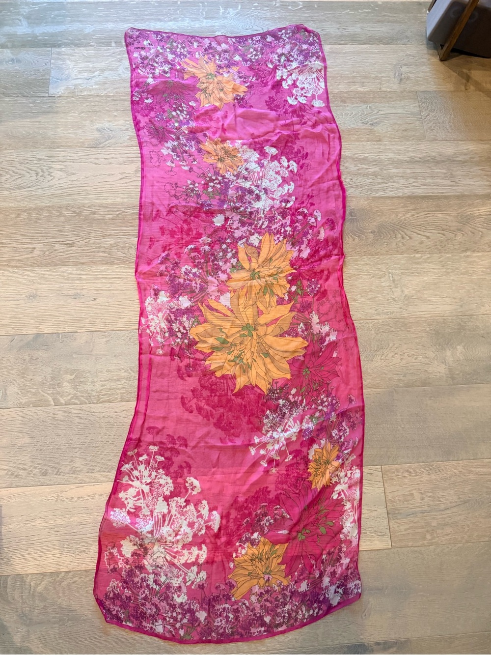 Kenzo Hot Pink Floral Silk-Blend Scarf with Yellow Blooms